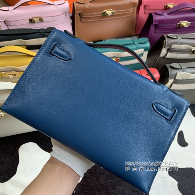 Hermes凱利女包 愛馬仕Minikelly pochette一代 原廠進口swift皮 半手工蠟線 深邃藍 金銀扣  tdh2264